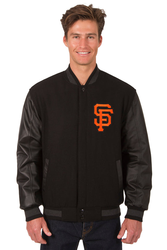 San Francisco Giants Wool & Leather Reversible Jacket w/ Embroidered Logos - Black - J.H. Sports Jackets