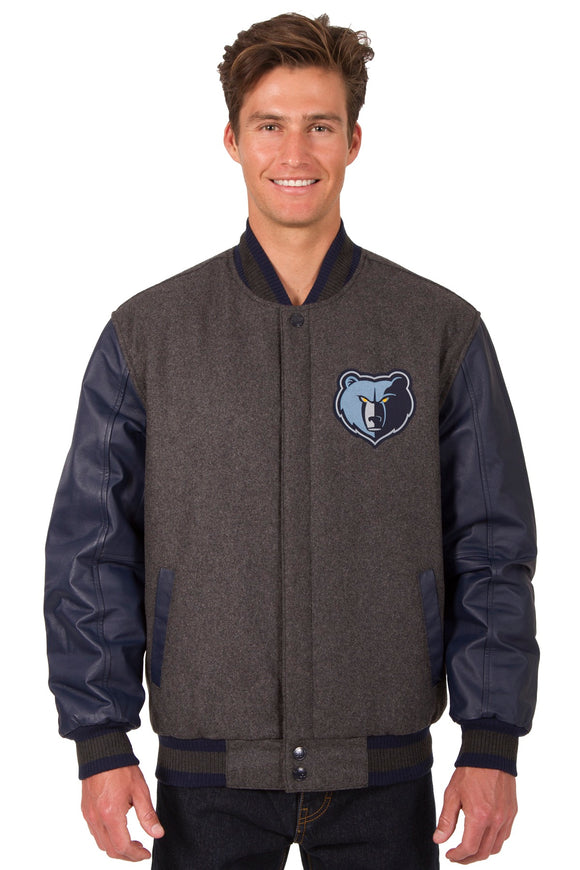 Memphis Grizzlies Wool & Leather Reversible Jacket w/ Embroidered Logos - Charcoal/Navy - J.H. Sports Jackets