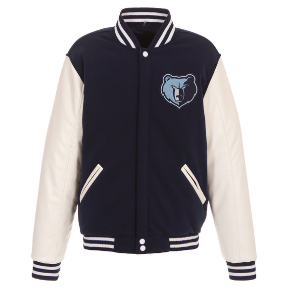 Memphis Grizzlies - JH Design Reversible Fleece Jacket with Faux Leather Sleeves - Navy/White - JH Design
