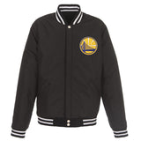 Golden State Warriors- JH Design Reversible Fleece Jacket with Faux Leather Sleeves - Black/White - J.H. Sports Jackets