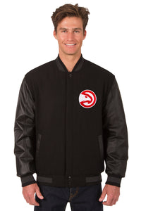 Atlanta Hawks Wool & Leather Reversible Jacket w/ Embroidered Logos - Black - J.H. Sports Jackets