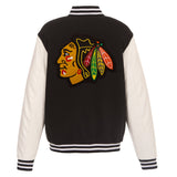 Chicago Blackhawks  - JH Design Reversible Fleece Jacket with Faux Leather Sleeves - Black/White - J.H. Sports Jackets
