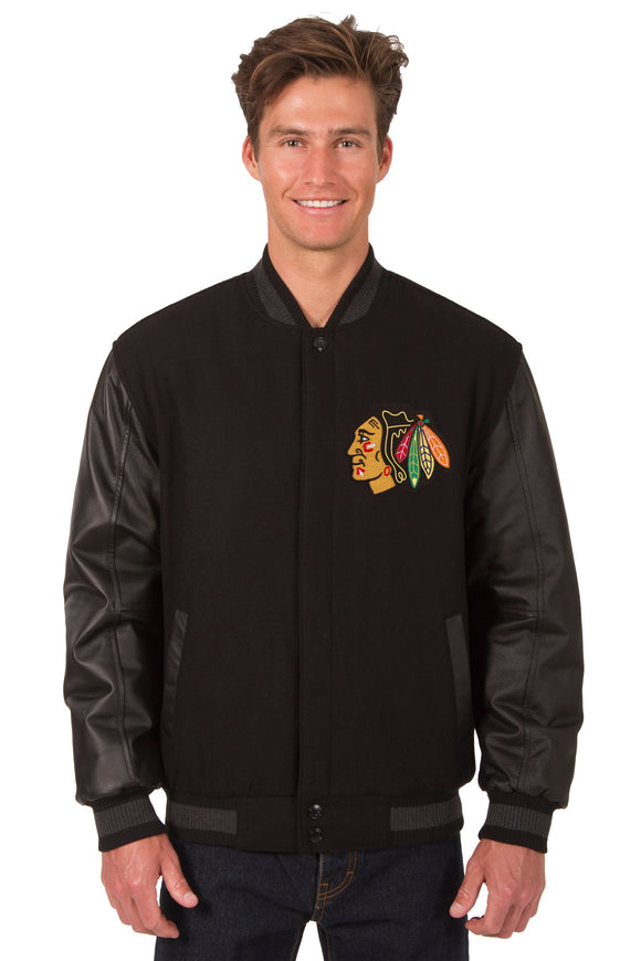 Chicago Blackhawks Wool & Leather Reversible Jacket w/ Embroidered Logos - Black - J.H. Sports Jackets