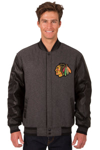 Chicago Blackhawks Wool & Leather Reversible Jacket w/ Embroidered Logos - Charcoal/Black - J.H. Sports Jackets