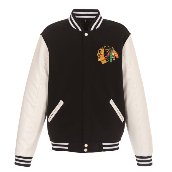 Chicago Blackhawks JH Design Reversible Fleece Jacket with Faux Leather Sleeves - Black/White - JH Design
