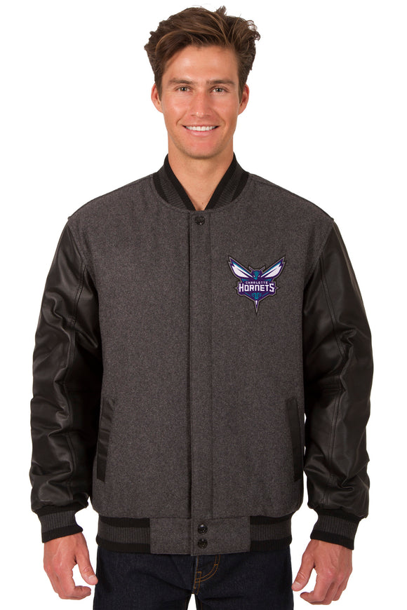 Charlotte Hornets Wool & Leather Reversible Jacket w/ Embroidered Logos - Charcoal/Black - J.H. Sports Jackets