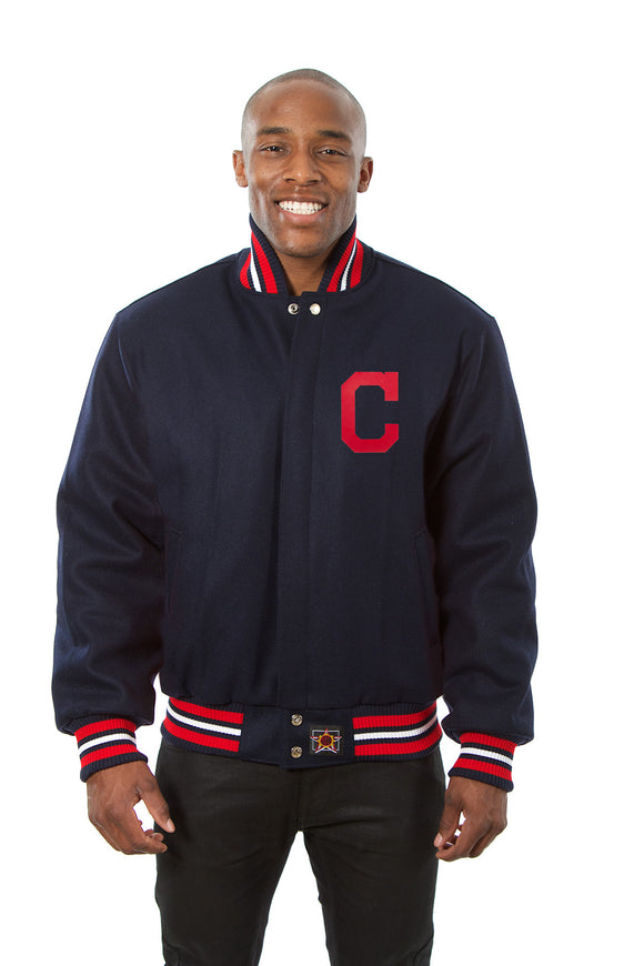 Cleveland Indians Wool Jacket w/ Handcrafted Leather Logos - Navy - JH Design