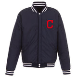 Cleveland Indians - JH Design Reversible Fleece Jacket with Faux Leather Sleeves - Navy/White - JH Design