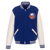 New York Islanders JH Design Reversible Fleece Jacket with Faux Leather Sleeves - Royal/White - JH Design