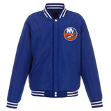 New York Islanders JH Design Reversible Fleece Jacket with Faux Leather Sleeves - Royal/White - JH Design