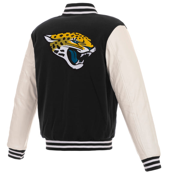 Jacksonville Jaguars - JH Design Reversible Fleece Jacket with Faux Leather Sleeves - Black/White - J.H. Sports Jackets