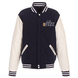 Utah Jazz - JH Design Reversible Fleece Jacket with Faux Leather Sleeves - Navy/White - JH Design