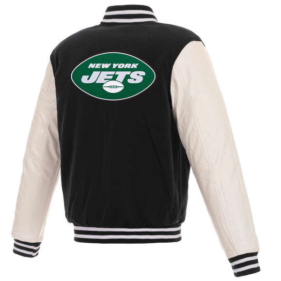 New York Jets - JH Design Reversible Fleece Jacket with Faux Leather Sleeves - Black/White - J.H. Sports Jackets