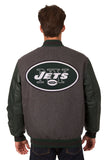New York Jets Wool & Leather Reversible Jacket w/ Embroidered Logos - Charcoal/Green - J.H. Sports Jackets