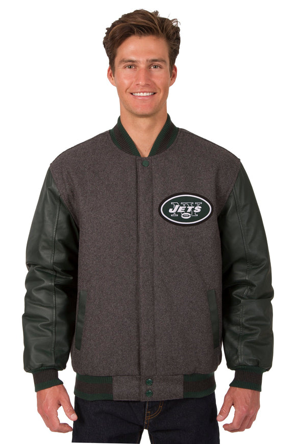 New York Jets Wool & Leather Reversible Jacket w/ Embroidered Logos - Charcoal/Green - J.H. Sports Jackets
