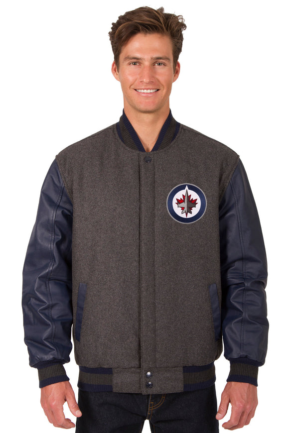 Winnipeg Jets Wool & Leather Reversible Jacket w/ Embroidered Logos - Charcoal/Navy - J.H. Sports Jackets