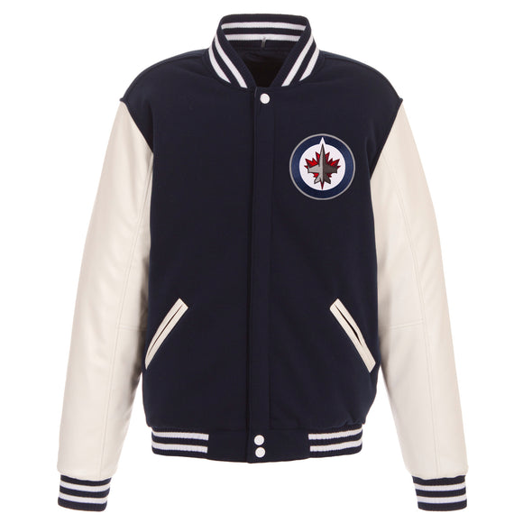 Winnipeg Jets JH Design Reversible Fleece Jacket with Faux Leather Sleeves - Navy/White - JH Design