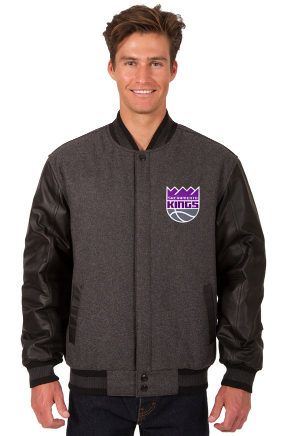 Sacramento Kings Wool & Leather Reversible Jacket w/ Embroidered Logos - Charcoal/Black - J.H. Sports Jackets