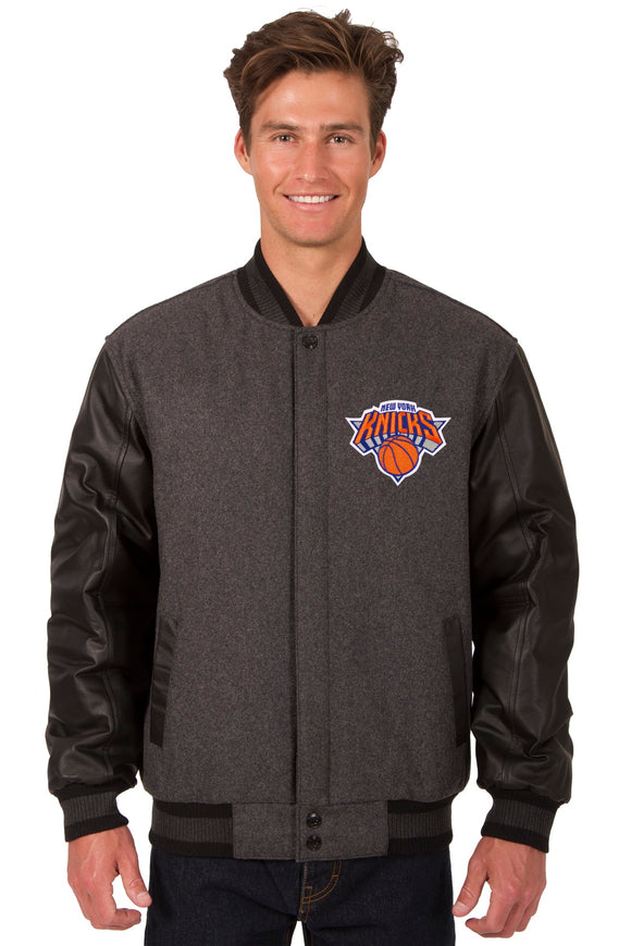 New York Knicks Wool & Leather Reversible Jacket w/ Embroidered Logos - Charcoal/Black - J.H. Sports Jackets