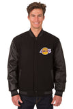 Los Angeles Lakers Wool & Leather Reversible Jacket w/ Embroidered Logos - Black - J.H. Sports Jackets