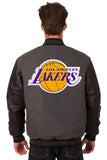 Los Angeles Lakers Wool & Leather Reversible Jacket w/ Embroidered Logos - Charcoal/Black - J.H. Sports Jackets