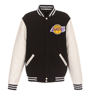 Los Angeles Lakers - JH Design Reversible Fleece Jacket with Faux Leather Sleeves - Black/White - JH Design