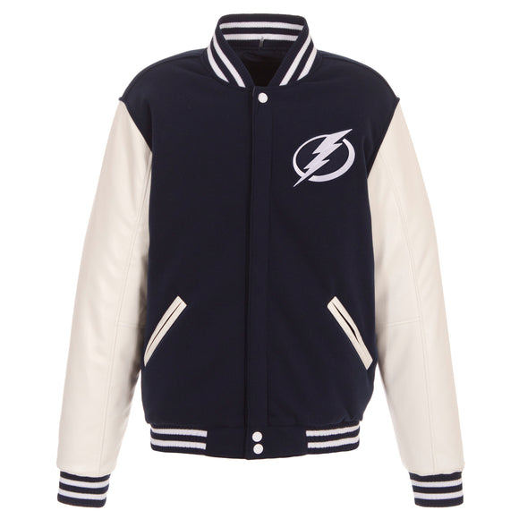 Tampa Bay Lightning JH Design Reversible Fleece Jacket with Faux Leather Sleeves - Navy/White - JH Design