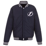Tampa Bay Lightning JH Design Reversible Fleece Jacket with Faux Leather Sleeves - Navy/White - JH Design
