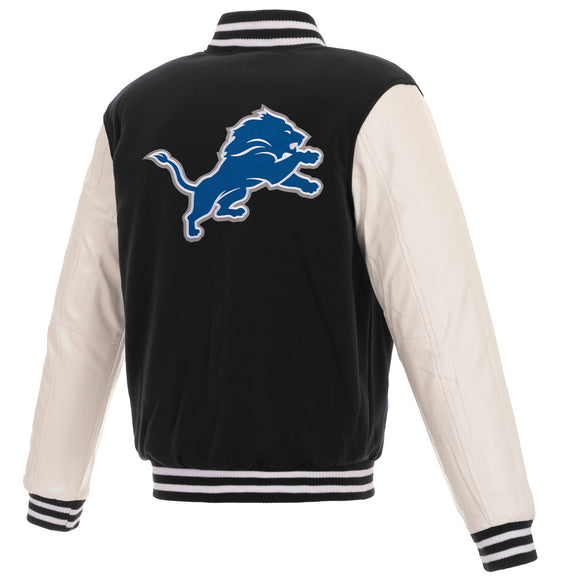 Detroit Lions - JH Design Reversible Fleece Jacket with Faux Leather Sleeves - Black/White - J.H. Sports Jackets