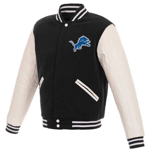 Detroit Lions  - JH Design Reversible Fleece Jacket with Faux Leather Sleeves - Black/White - J.H. Sports Jackets