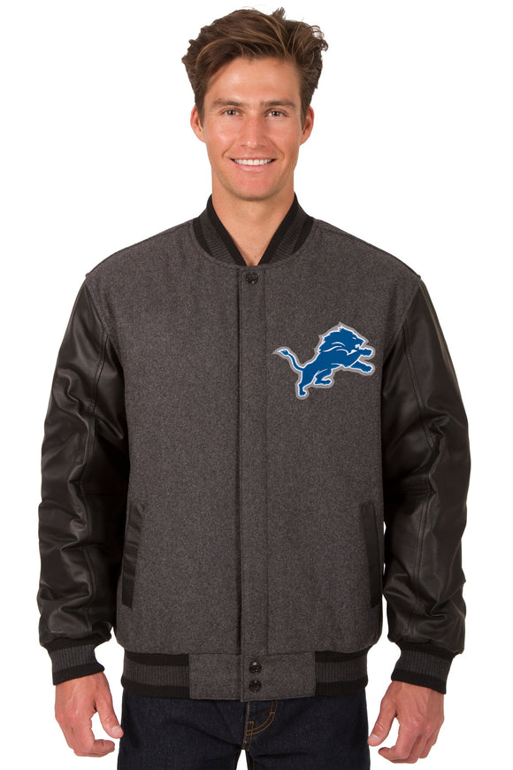 Detroit Lions Wool & Leather Reversible Jacket w/ Embroidered Logos - Charcoal/Black - J.H. Sports Jackets