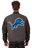 Detroit Lions Wool & Leather Reversible Jacket w/ Embroidered Logos - Charcoal/Black - J.H. Sports Jackets