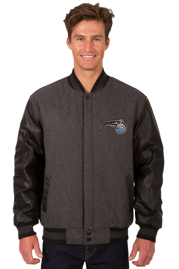 Orlando Magic Wool & Leather Reversible Jacket w/ Embroidered Logos - Charcoal/Black - J.H. Sports Jackets