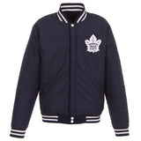 Toronto Maple Leafs JH Design Reversible Fleece Jacket with Faux Leather Sleeves Navy/White - JH Design