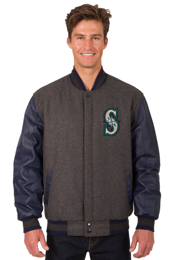 Seattle Mariners Wool & Leather Reversible Jacket w/ Embroidered Logos - Charcoal/Navy - J.H. Sports Jackets