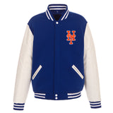New York Mets - JH Design Reversible Fleece Jacket with Faux Leather Sleeves - Royal/White - J.H. Sports Jackets