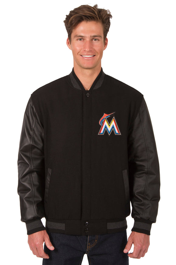 Miami Marlins Wool & Leather Reversible Jacket w/ Embroidered Logos - Black - J.H. Sports Jackets