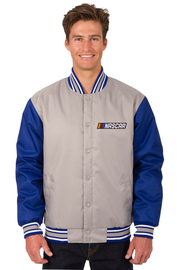 NASCAR Poly Twill Varsity Jacket - Gray/Royal - JH Design