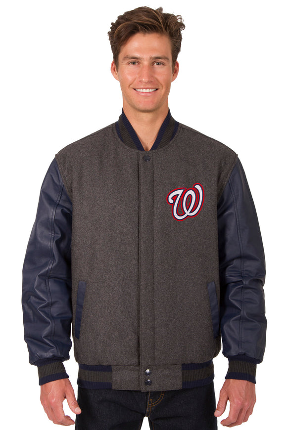 Washington Nationals Wool & Leather Reversible Jacket w/ Embroidered Logos - Charcoal/Navy - J.H. Sports Jackets