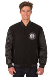Brooklyn Nets Wool & Leather Reversible Jacket w/ Embroidered Logos - Black - J.H. Sports Jackets
