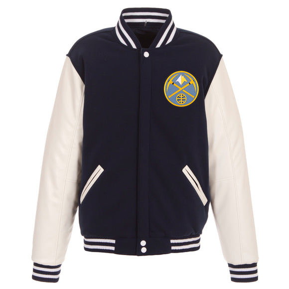 Denver Nuggets - JH Design Reversible Fleece Jacket with Faux Leather Sleeves -Navy/White - JH Design