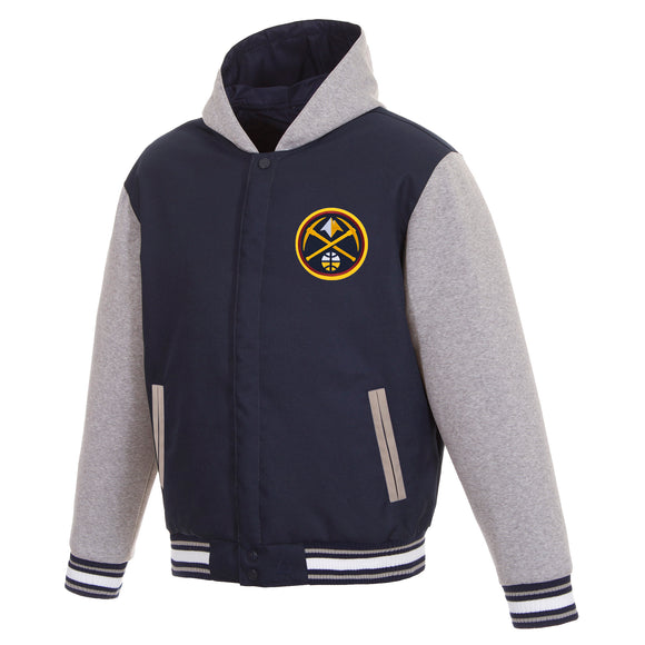 Denver Nuggets Two-Tone Reversible Fleece Hooded Jacket - Navy/Grey - JH Design