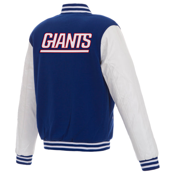 New York Giants - JH Design Reversible Fleece Jacket with Faux Leather Sleeves - Royal/White - J.H. Sports Jackets