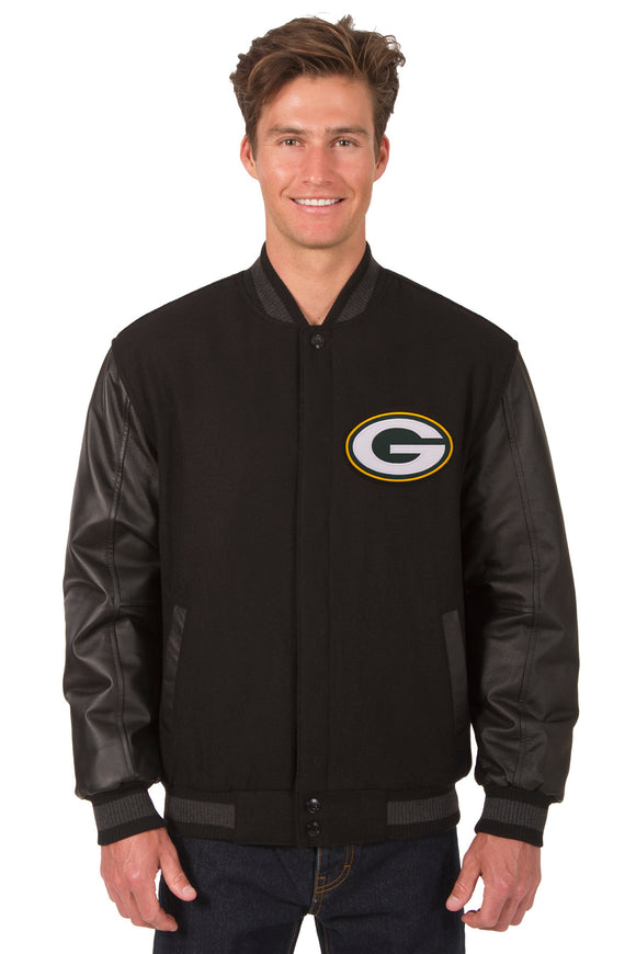 Green Bay Packers Wool & Leather Reversible Jacket w/ Embroidered Logos - Black - J.H. Sports Jackets