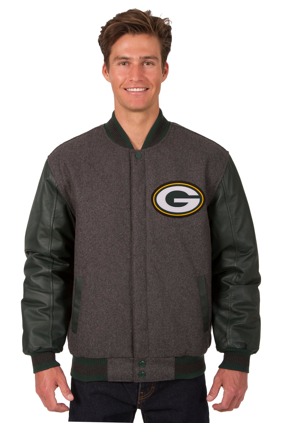 Green Bay Packers Wool & Leather Reversible Jacket w/ Embroidered