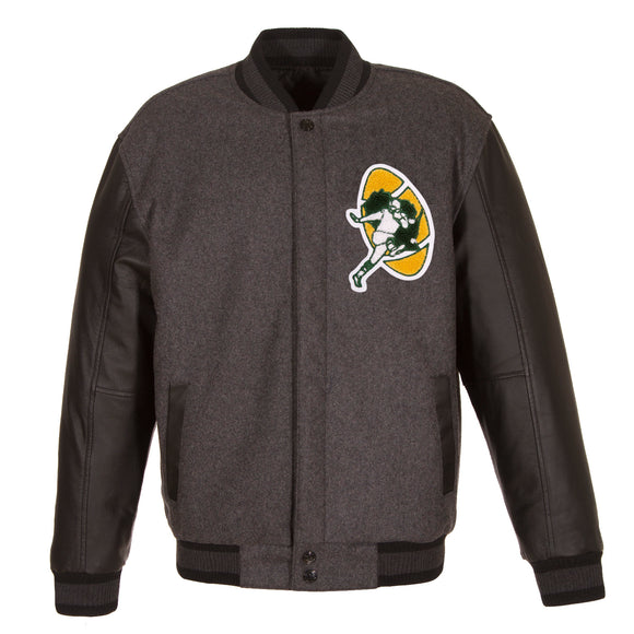 Green Bay Packers Wool & Leather Throwback Reversible Jacket - Charcoal - J.H. Sports Jackets