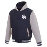 San Diego Padres Two-Tone Reversible Fleece Hooded Jacket - Navy/Grey - JH Design