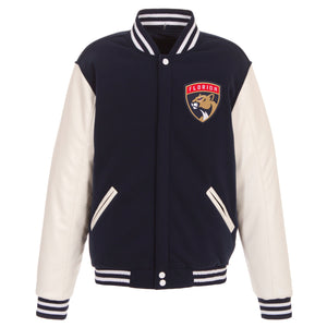 Florida Panthers JH Design Reversible Fleece Jacket with Faux Leather Sleeves - Navy/White - JH Design