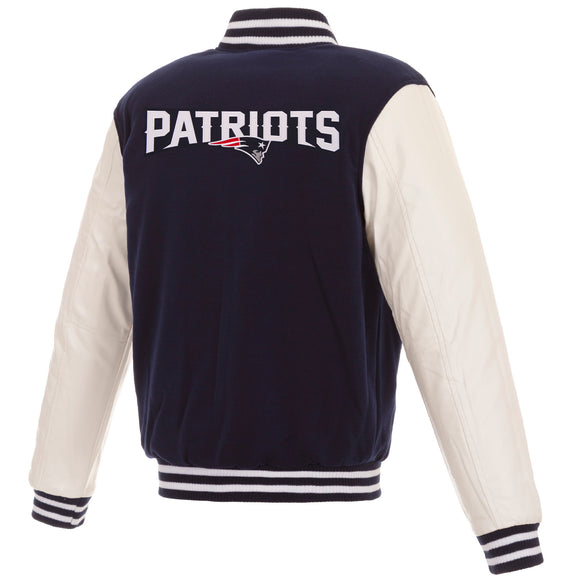 New England Patriots - JH Design Reversible Fleece Jacket with Faux Leather Sleeves - Navy/White - J.H. Sports Jackets