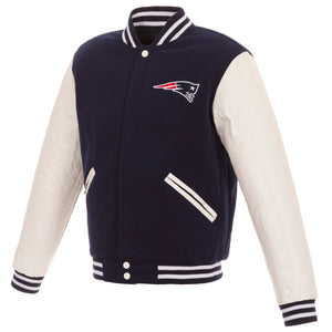 New England Patriots - JH Design Reversible Fleece Jacket with Faux Leather Sleeves - Navy/White - J.H. Sports Jackets